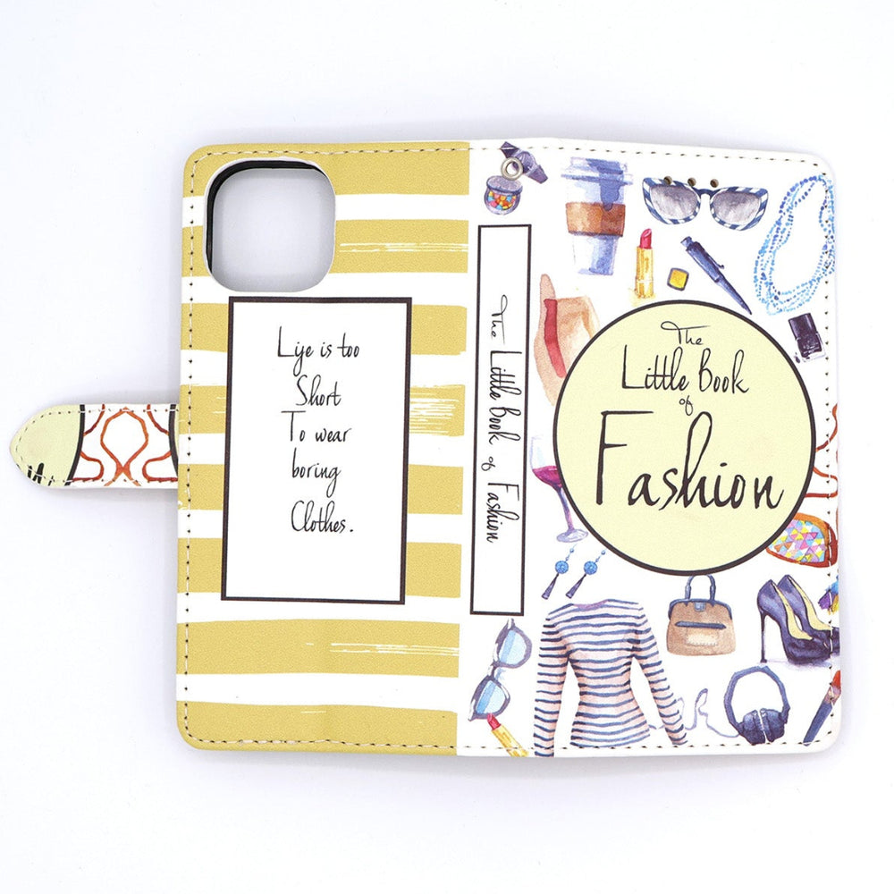 Phone case with fashion-themed design and yellow stripes on a white background