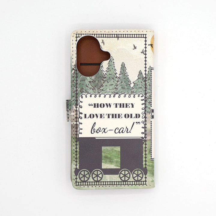 Phone case with vintage boxcar design and nature scene on a white background
