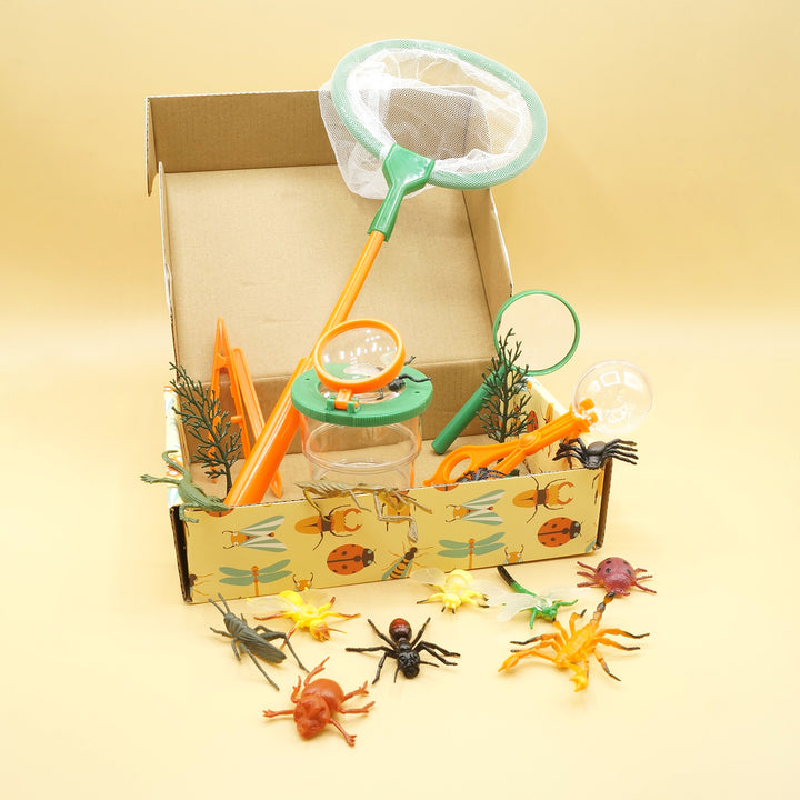 an open box with fake insects coming out of it and in front of it, with a net, jar, and magnifying glass in the box