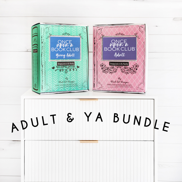 Adult and YA Book Club Bundle with pink and teal subscription boxes on a white cabinet.