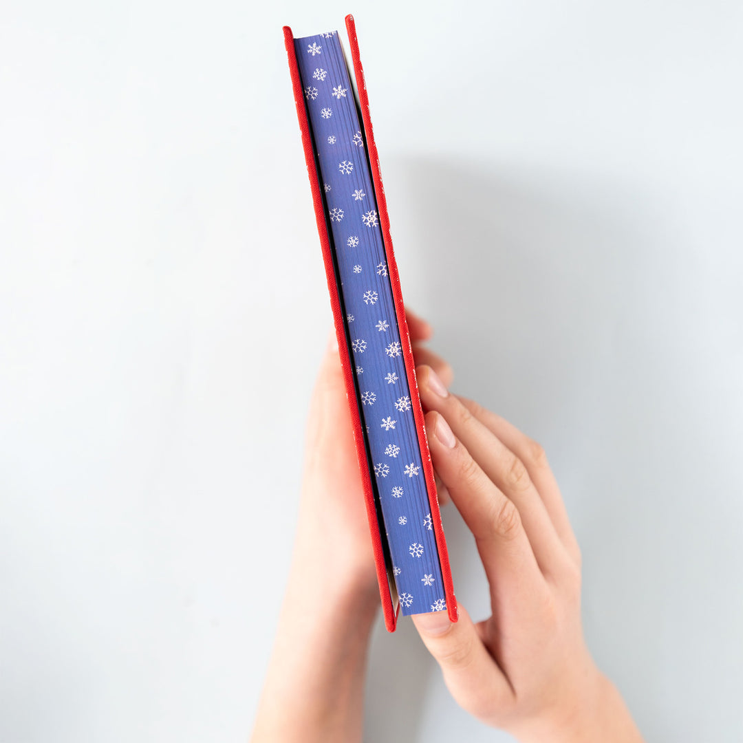 white hands holding a book with blue snowflakes printed on edges