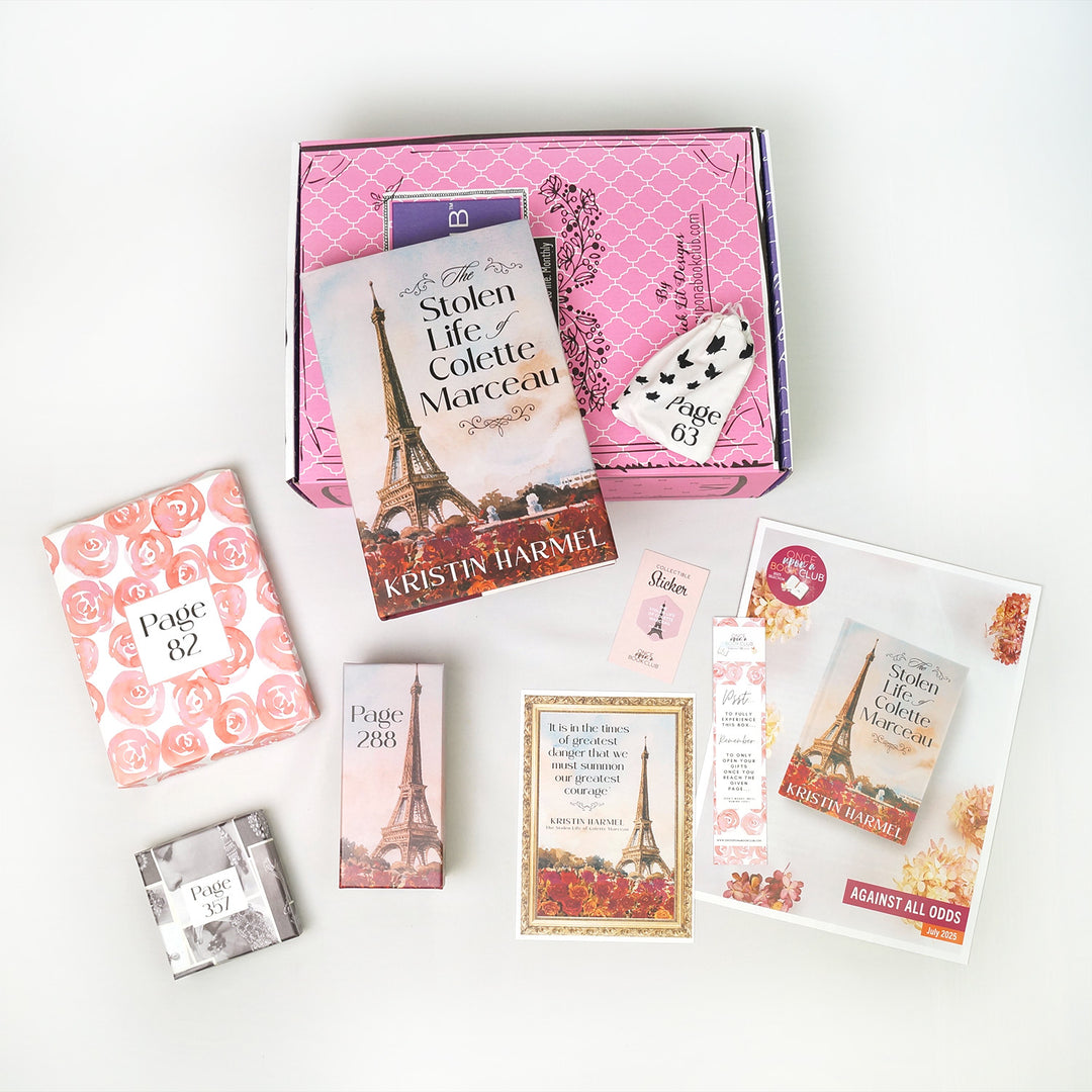 An exclusive copy of The Stolen Life of Colette Marceau by Kristin Harmel plus wrapped gifts labeled with page numbers and paper items surround it.