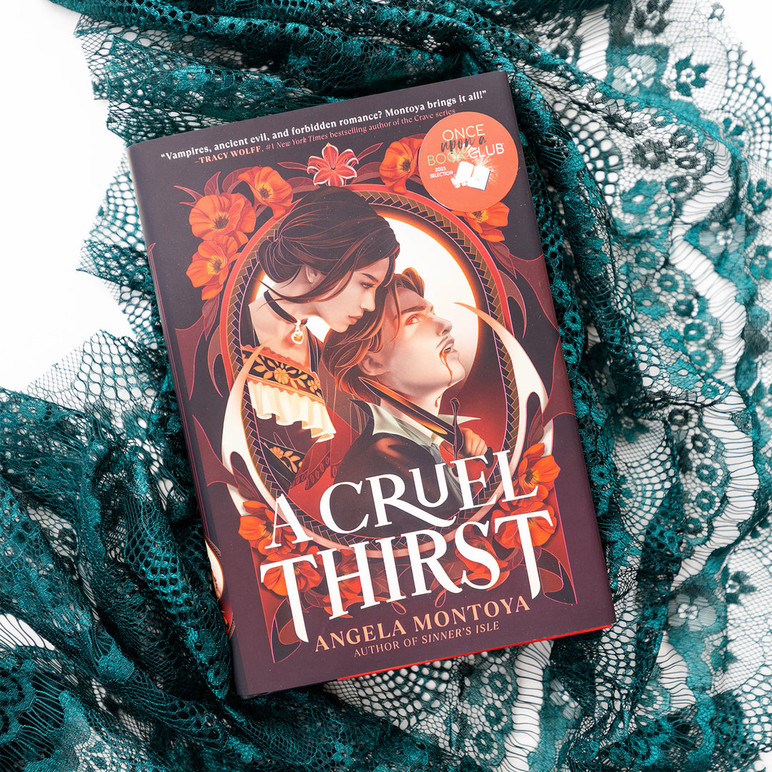 Book titled 'A Cruel Thirst' by Angela Montoya on a decorative green lace background