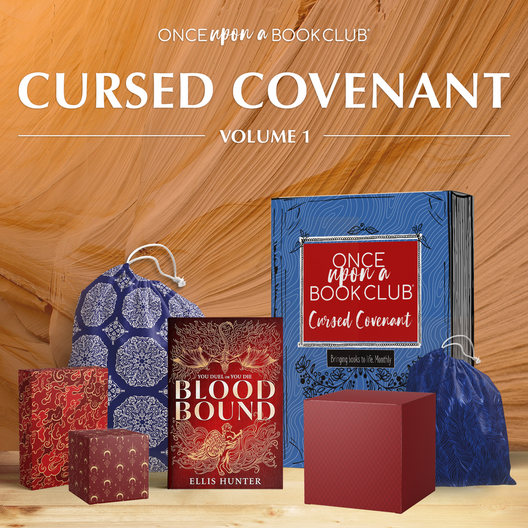 a blue and red Once Upon a Book Club box and hardcover copy of Blood Bound surrounded by 5 wrapped gifts which will be labeled with page numbers to only open when you reach the corresponding page.
