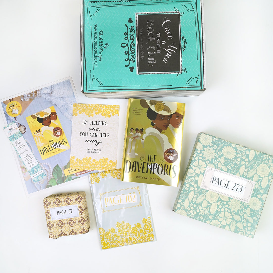 A green Once Upon a Book Club box is at the top of the image. In front of the green box (from left to right) are a bookmark, bookclub kit, quote card, yellow square box, yellow and white polybag, hardcover edition of The Davenports, and light green floral box. The boxes and folder all have page numbers.