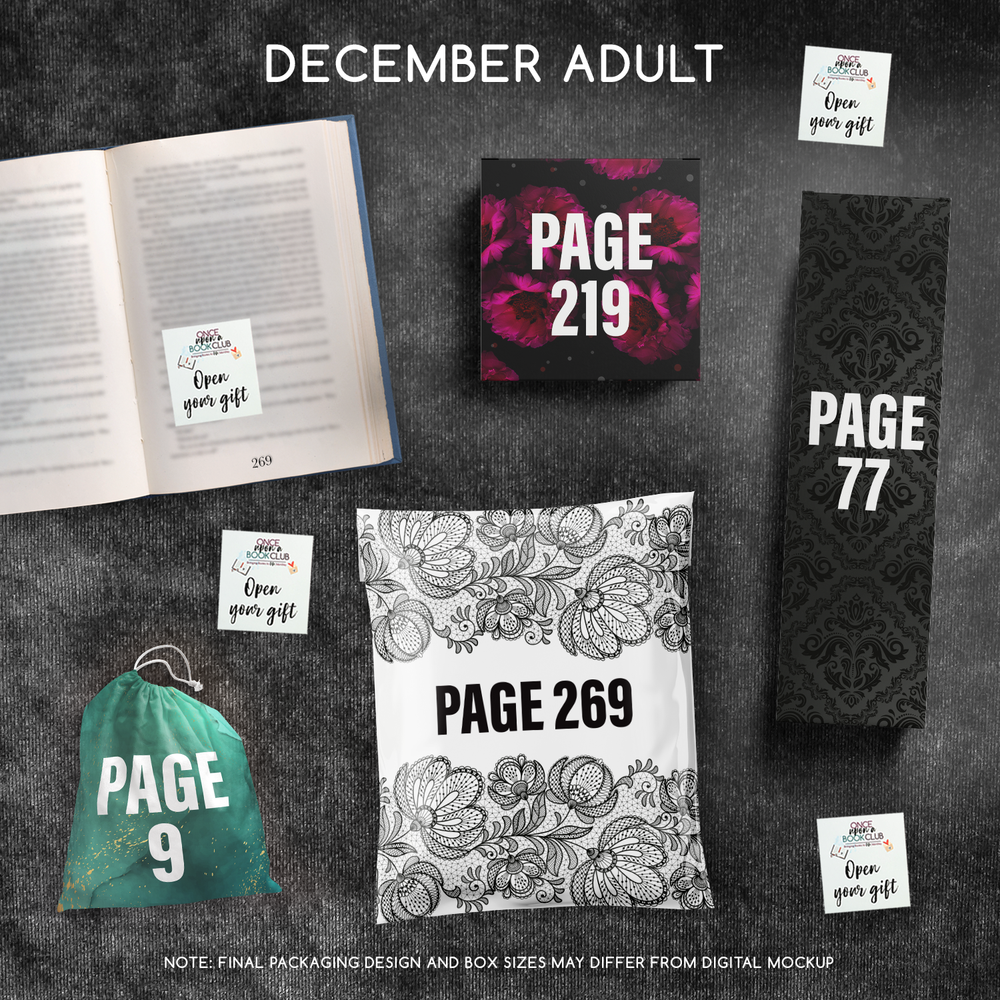 December Adult Once Upon a Book Club gifts are designed in aesthetic packaging colors and patterns to match the book cover/theme of the novel. Each gift is labeled with a page number, signifying when the gift is described within the story.