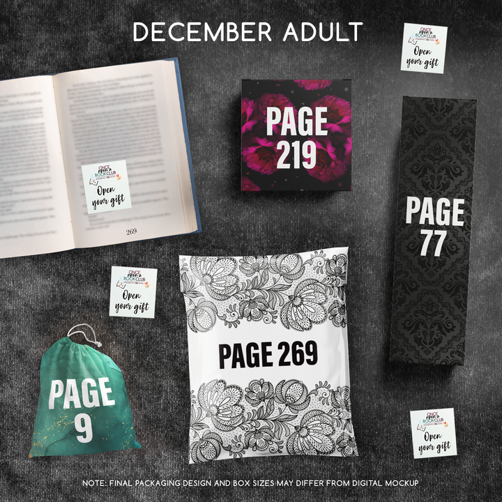 December Adult Once Upon a Book Club gifts are designed in aesthetic packaging colors and patterns to match the book cover/theme of the novel. Each gift is labeled with a page number, signifying when the gift is described within the story.