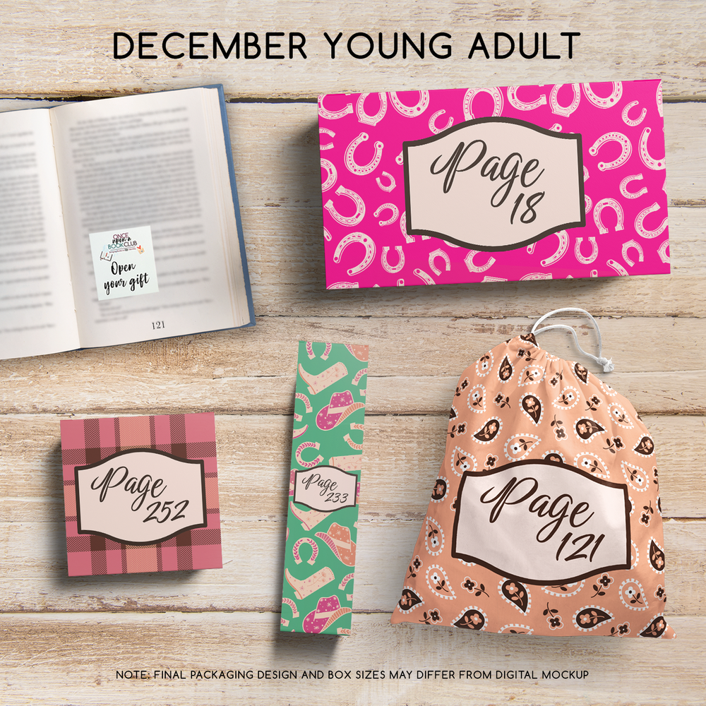 December Young Adult Once Upon a Book Club gifts are designed in aesthetic packaging colors and patterns to match the book cover/theme of the novel. Each gift is labeled with a page number, signifying when the gift is described within the story.