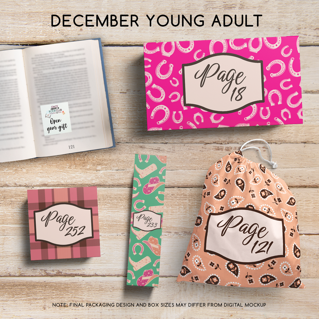 December Young Adult Once Upon a Book Club gifts are designed in aesthetic packaging colors and patterns to match the book cover/theme of the novel. Each gift is labeled with a page number, signifying when the gift is described within the story.