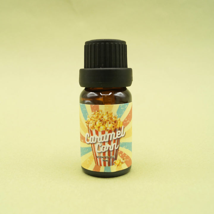 A bottle of caramel corn scented essential oil. 10ml.