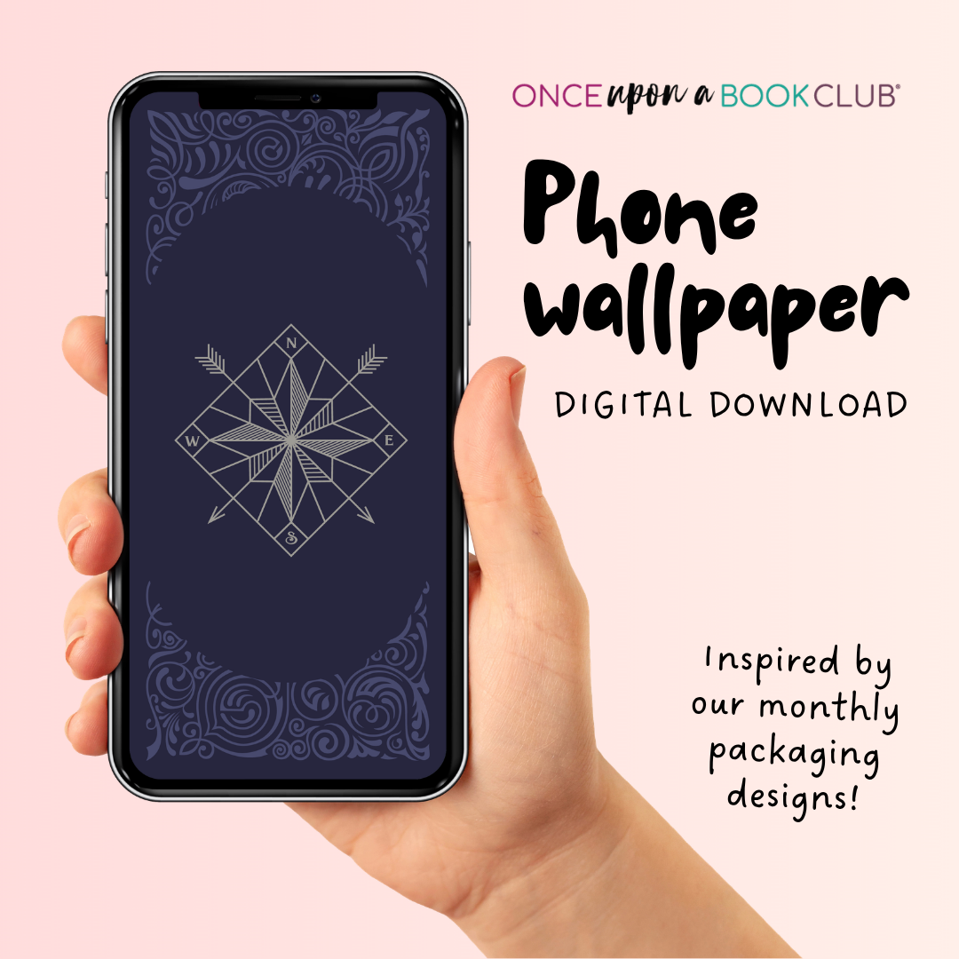 Hand holding a phone with a blue decorative wallpaper featuring a compass, promoting a digital download from Once Upon a Book Club.