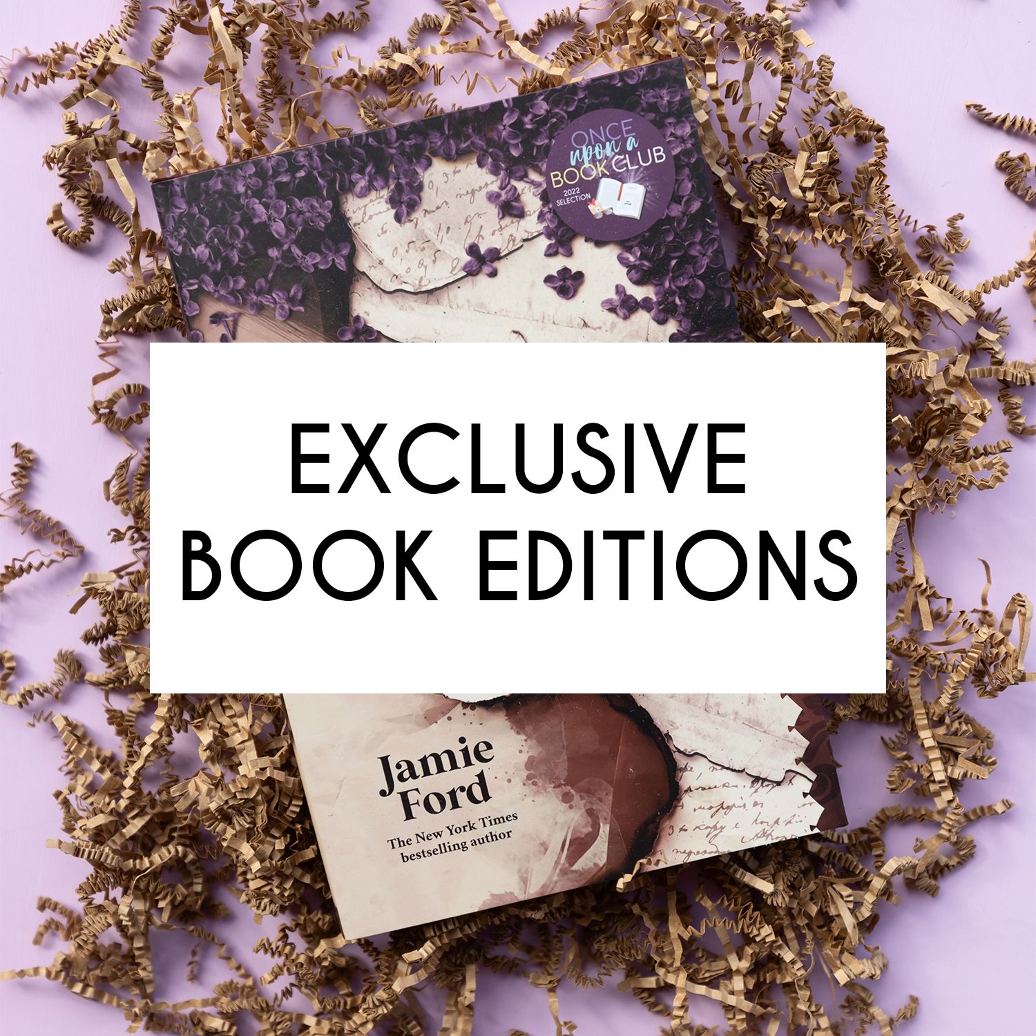 "Exclusive Book Editions" is centered over a light purple background with a hardcover book and brown crinkle paper