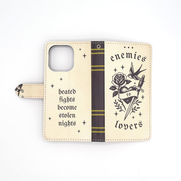 Phone case with tattoo-style enemies to lovers design and text on a white background