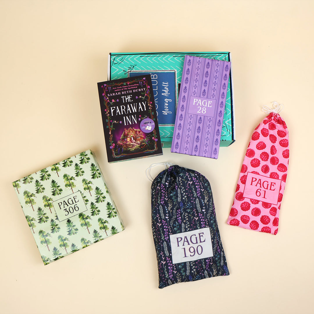 A paperback edition of The Faraway Inn on a green OUABC box next to a wrapped gift labeled with a page number. In front of the box are three more themed wrapped gifts labeled with page numbers.