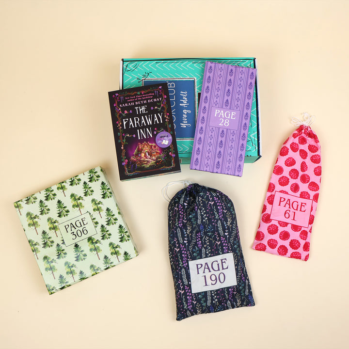 A paperback edition of The Faraway Inn on a green OUABC box next to a wrapped gift labeled with a page number. In front of the box are three more themed wrapped gifts labeled with page numbers.