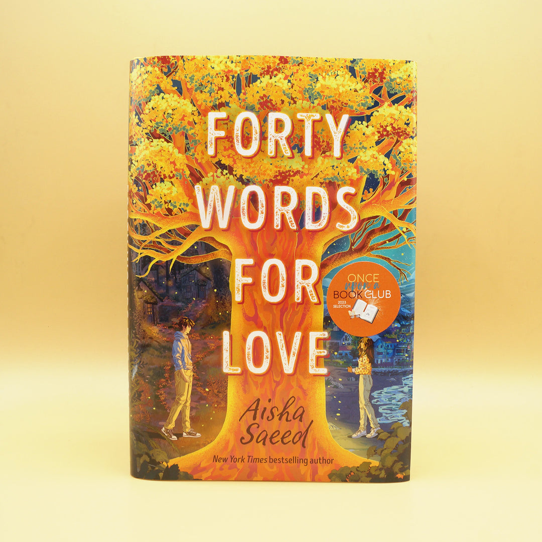 a hardcover copy of Forty Words for Love sits on a yellow background