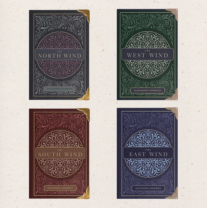 Four book covers titled 'North Wind', 'West Wind', 'South Wind', and 'East Wind' on a textured beige background.