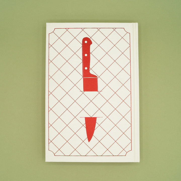 the back hardcase of Mastering the Art of French Murder - white background with crosshatch pattern in red with a red kitchen knife in the center