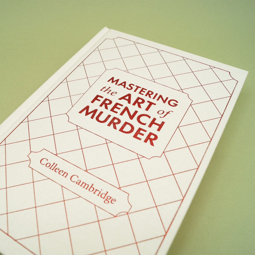the front hardcase of Mastering the Art of French Murder - white background with crosshatch pattern in red