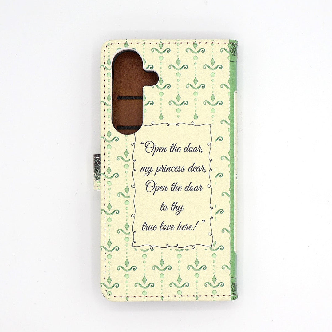 Phone case with decorative text and patterns on a light background