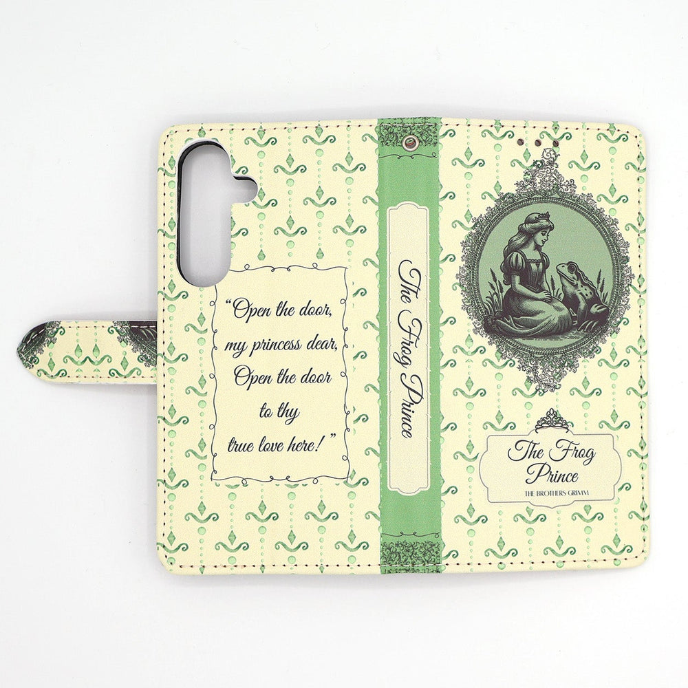 Phone case inspired by 'The Frog Prince' by The Brothers Grimm with vintage design and text on a white background