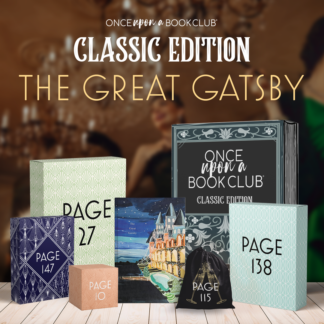 OUABC Classic Edition: The Great Gatsby. Image of an OUABC Classic Edition box next to five themed wrapped gifts labeled with page numbers and a painted edition of The Great Gatsby.