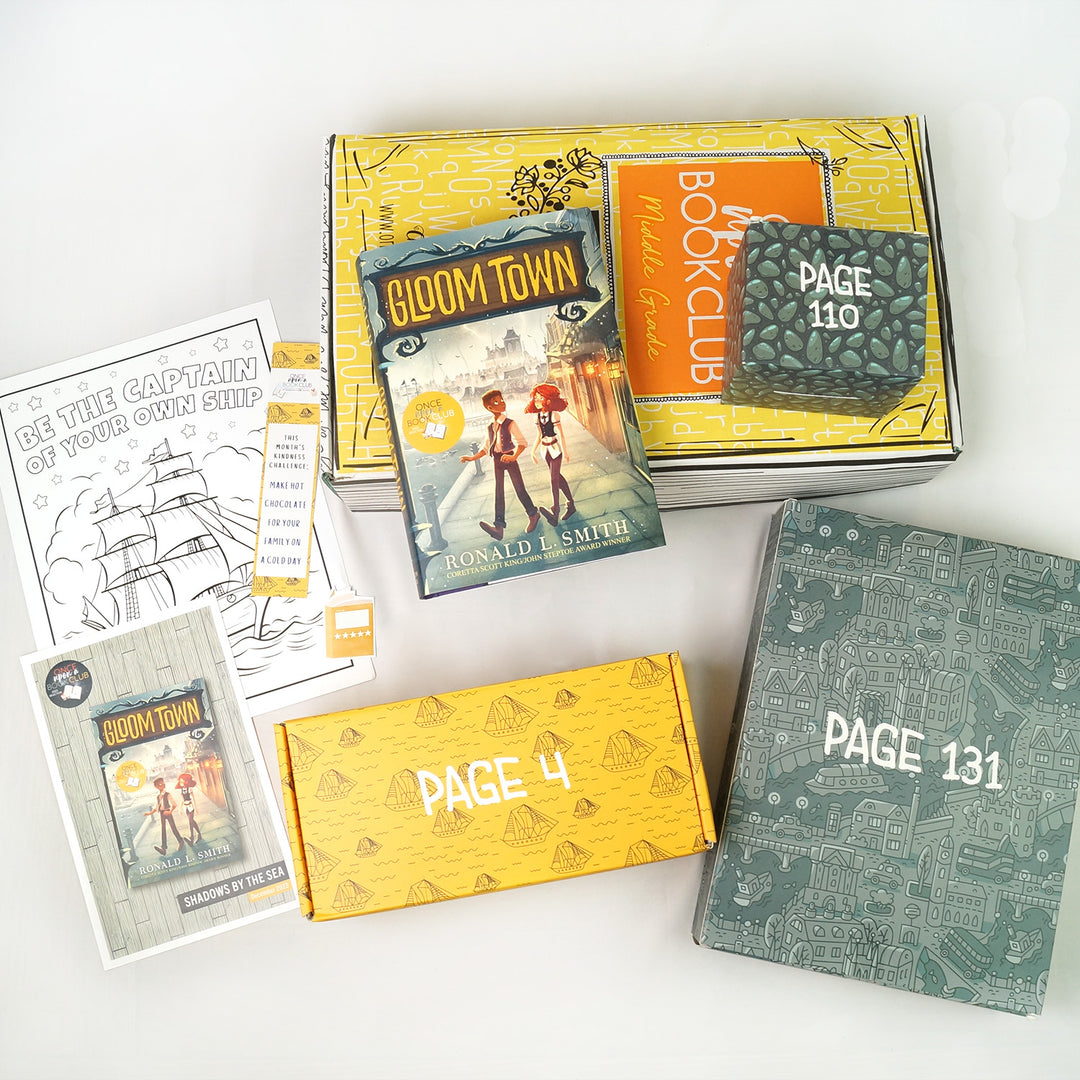 A yellow box. A hardcover book titled "Gloom Town" lays on top of it. Surrounding the book and box are 3 other boxes in shades of yellow and grey, in addition to a book sticker, bookmark, coloring sheet, and informational flyer. All gift boxes are labeled with page numbers.