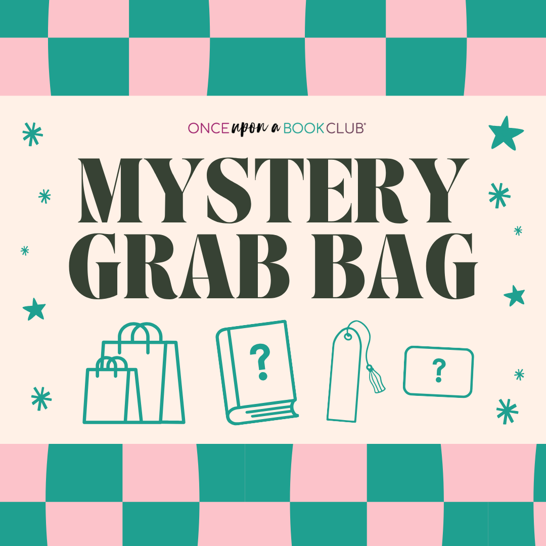 Mystery Grab Bag! A pink and green plaid background with icons representing a grab bag, book, bookmark, and mystery coupon!