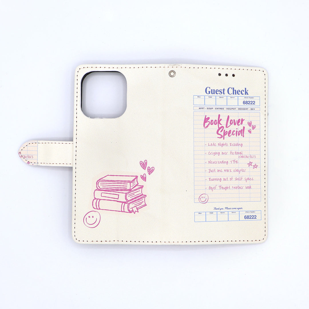 Phone case with book-themed design and text on a white background
