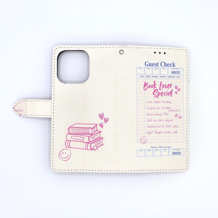 Phone case with book-themed design and text on a white background