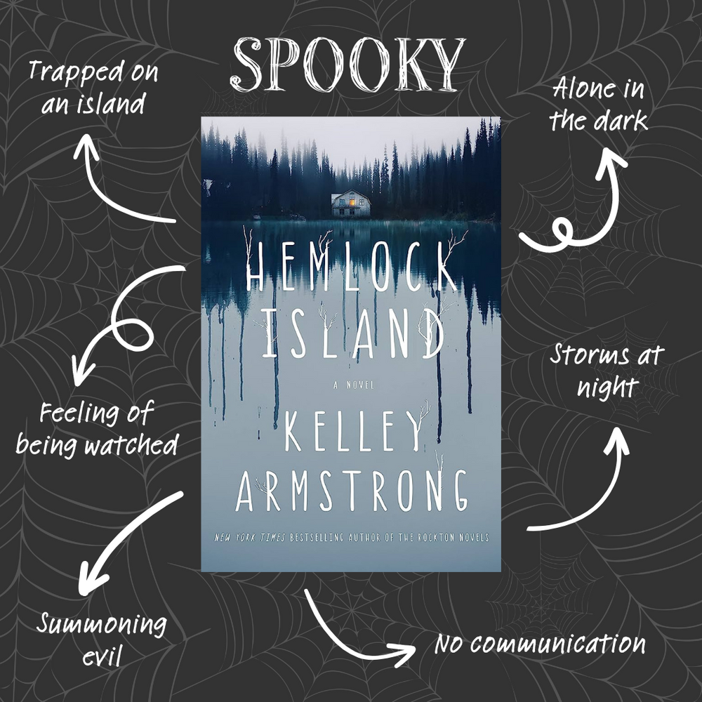 Spooky Halloween - the book Hemlock Island is centered surrounded by text: trapped on an island, feeling of being watched, summoning evil, alone in the dark, storms at night, and no communication