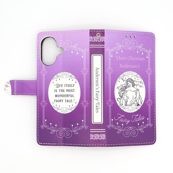 Purple phone case with fairy tale design and text on a white background