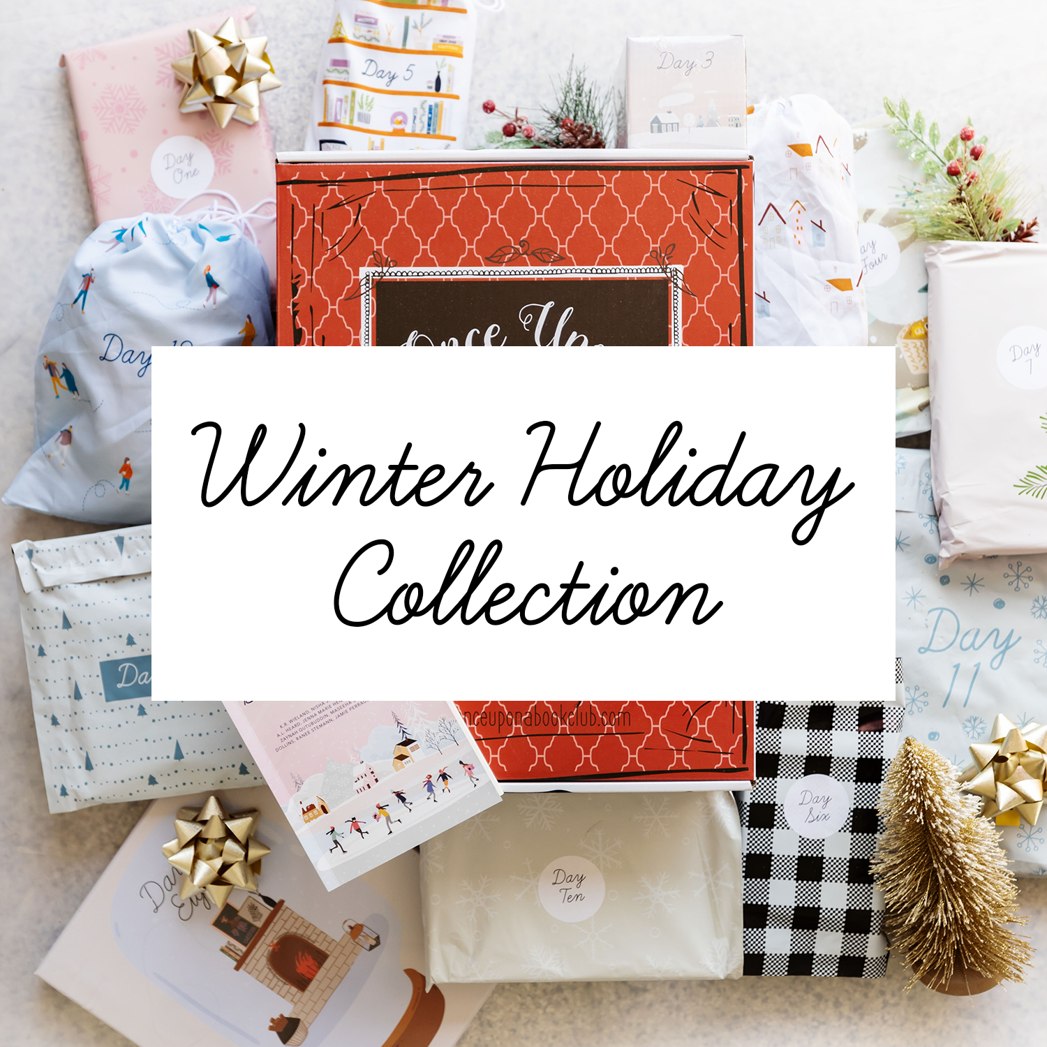 "Winter Holiday Collection" is centered over a background of wrapped gifts