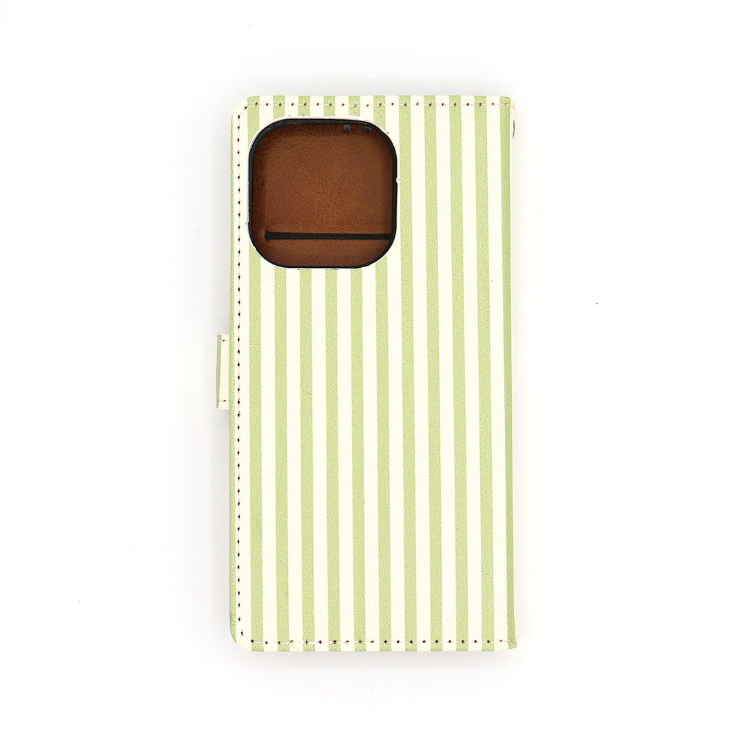 Phone case with green vertical stripes on a white background