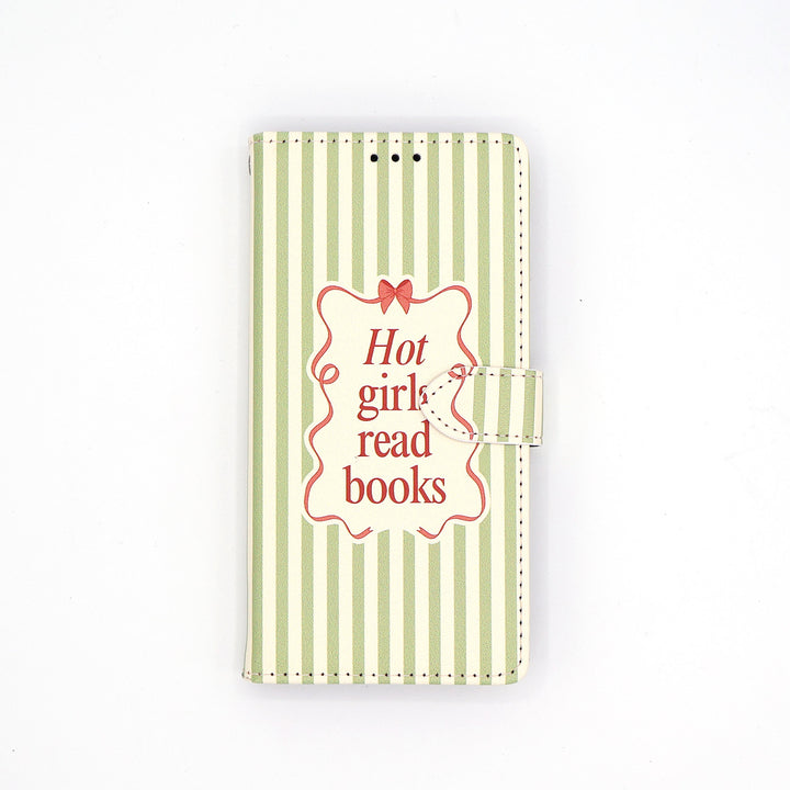 Notebook with green striped cover and 'Hot girls read books' text on a white background