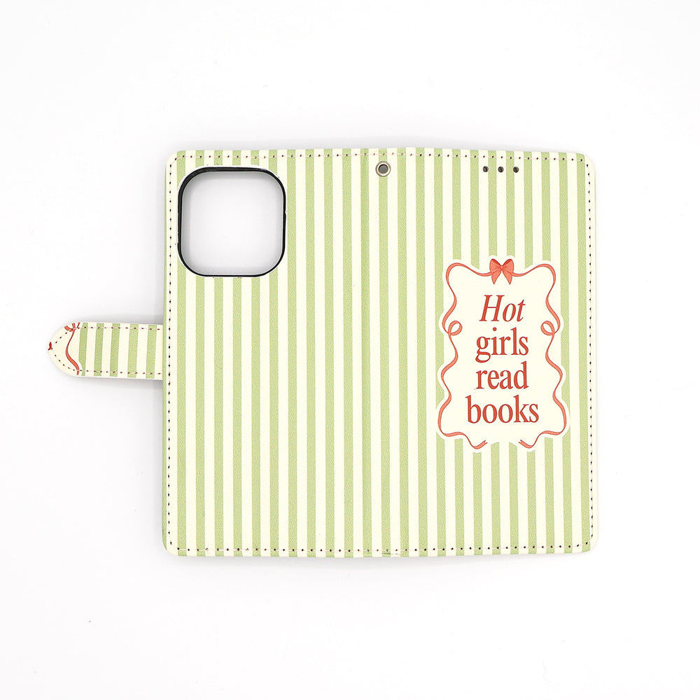 Phone case with green and white striped pattern and 'Hot girls read books' text on a white background
