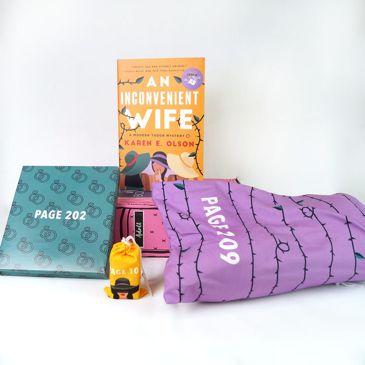 A hardcover edition of An Inconvenient Wife sits on top of a pink Once Upon a Book Club adult box. Surrounding this are three wrapped gifts labeled with page numbers.