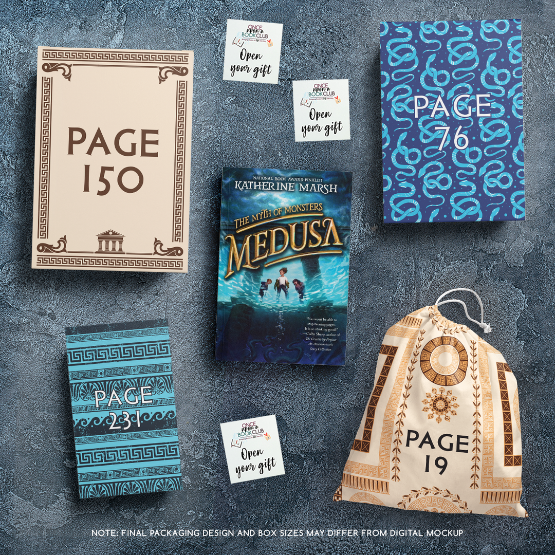 November Tween Book Club mockup a copy of 'The Myth of Monsters: Medusa' by Katherine Marsh surrounded by page-numbered gifts and vibrant, themed packaging designs.