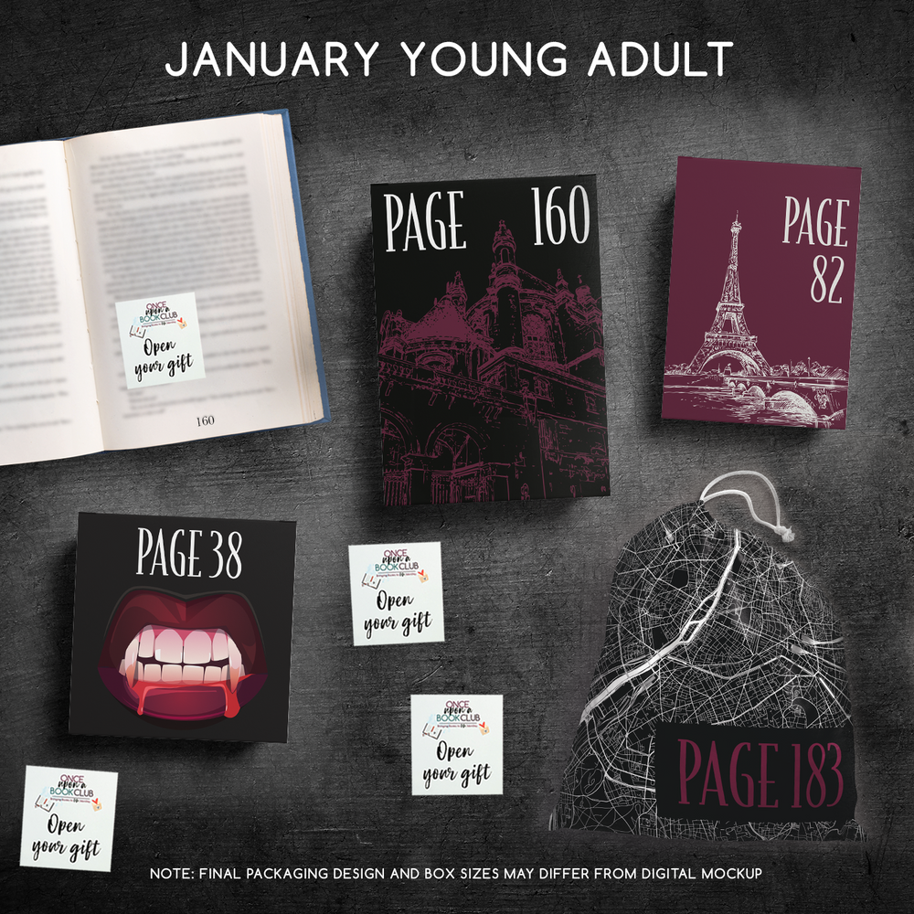January Young Adult Once Upon a Book Club gifts are designed in aesthetic packaging colors and patterns to match the book cover/theme of the novel. Each gift is labeled with a page number, signifying when the gift is described within the story.