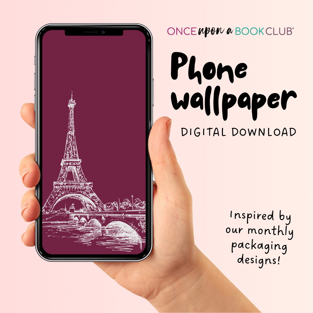 Hand holding a phone with Eiffel Tower wallpaper on a pink background, promoting a digital download from Once Upon a Book Club.