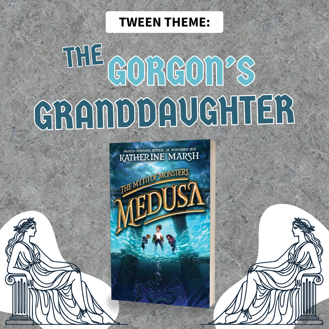 Book cover of 'Medusa' by Katherine Marsh with gorgon illustrations on a gray background