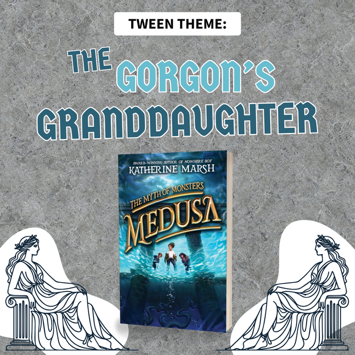 Book cover of 'Medusa' by Katherine Marsh with gorgon illustrations on a gray background