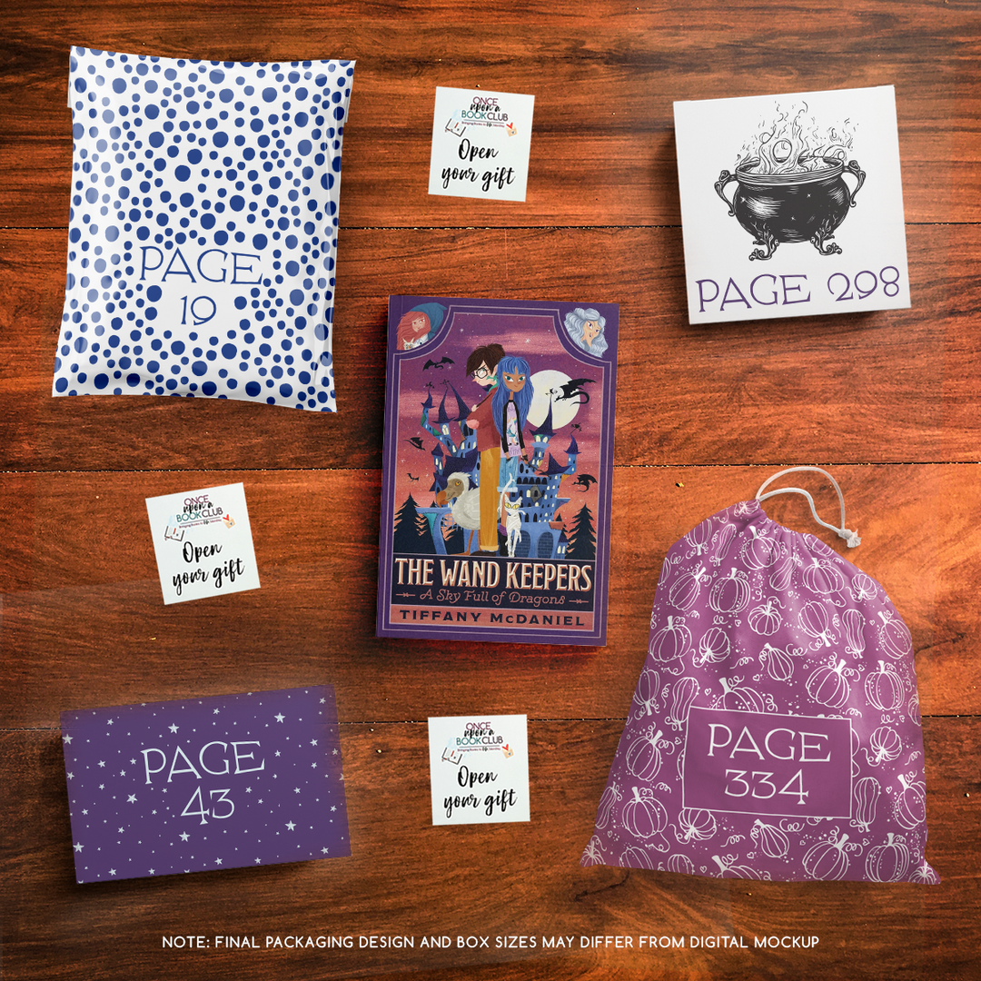 July Tween Book Club mockup with page-numbered gifts and vibrant, themed packaging designs.
