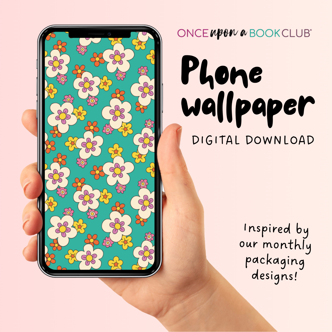 Hand holding a phone with a floral patterned wallpaper on a pink background, featuring 'Once Upon a Book Club' branding.