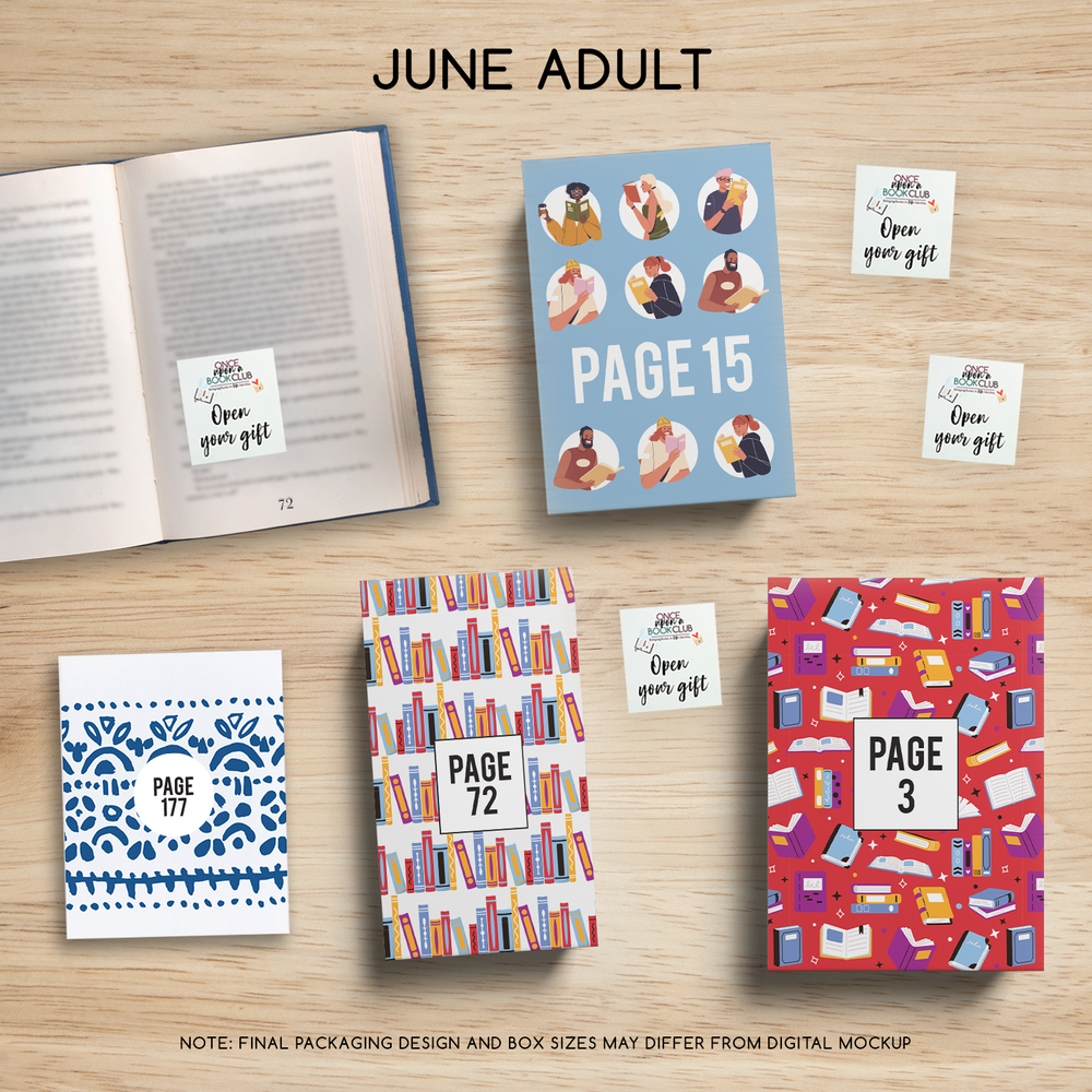 June Adult Once Upon a Book Club gifts are designed in aesthetic packaging colors and patterns to match the book cover/theme of the novel. Each gift is labeled with a page number, signifying when the gift is described within the story.