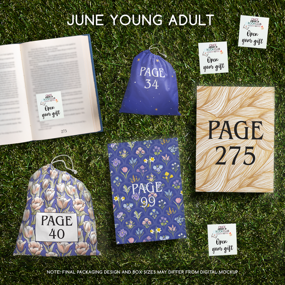 June Young Adult Once Upon a Book Club gifts are designed in aesthetic packaging colors and patterns to match the book cover/theme of the novel. Each gift is labeled with a page number, signifying when the gift is described within the story.