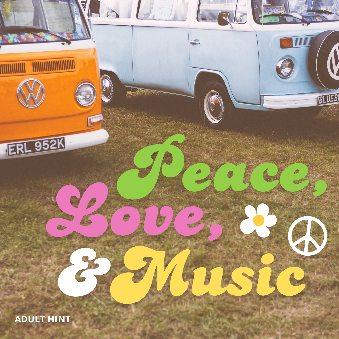 Two vintage Volkswagen vans on grass with 'Peace, Love, & Music' text overlay.