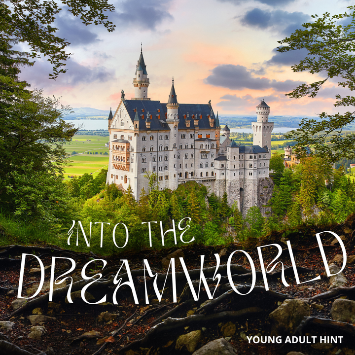 Castle surrounded by trees with 'Into the Dreamworld' text overlay