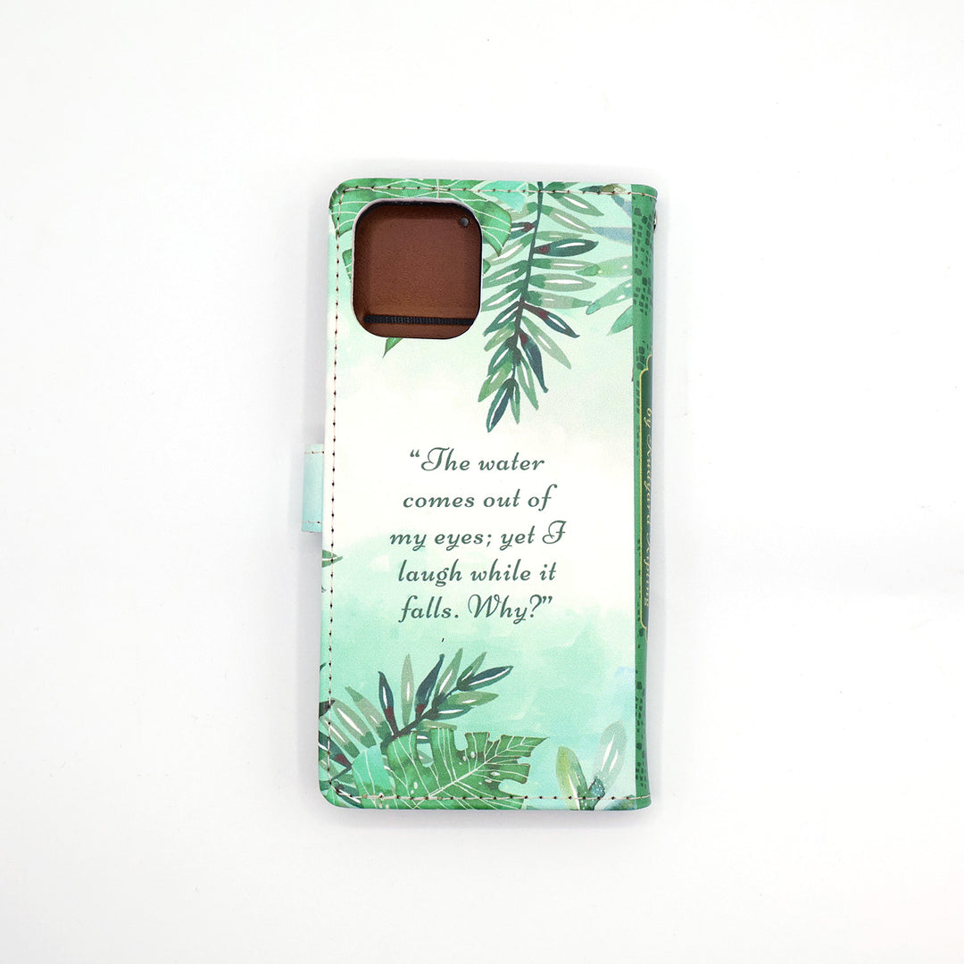 Phone case with green leaf design and text on a white background