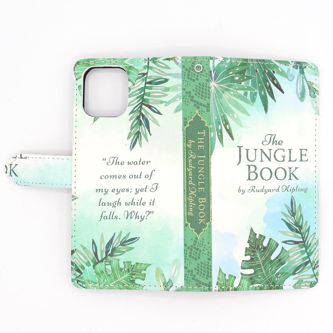 Phone case with 'The Jungle Book' design and tropical leaf pattern on a white background